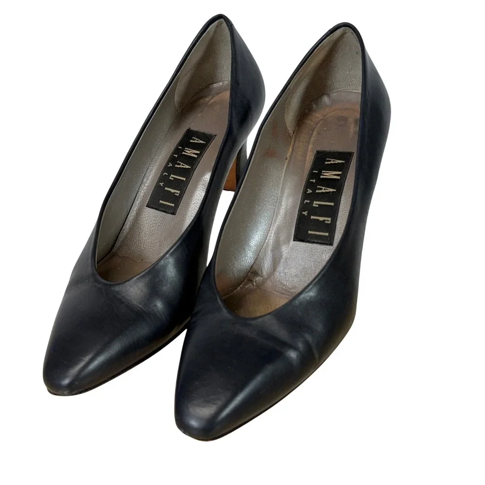 Amalfi Italy Black Leather Pointed‎ Toe Heels Pumps Handmade